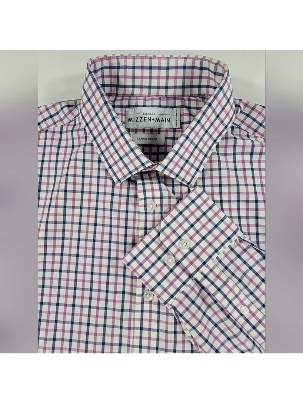 Mizzen Main Shirt Mens XL White Pink Plaid Leeward Trim Fit Performance Stretch